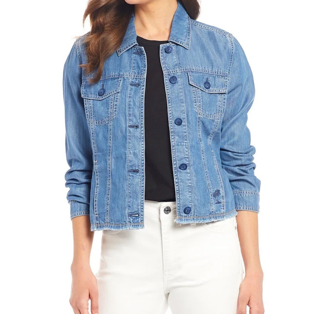 Tommy Bahama Chambray O'lei Cropped Frayed Hem Denim Jacket Sz XL
